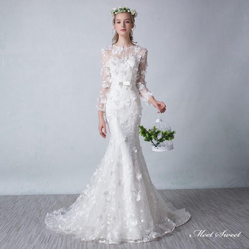 ウェディングドレス ロングドレス フラワーレース マーメイドライン フラワー 長袖 二次会 結婚式 前撮り 花嫁 ウエディングドレス 海外挙式 ブライダル