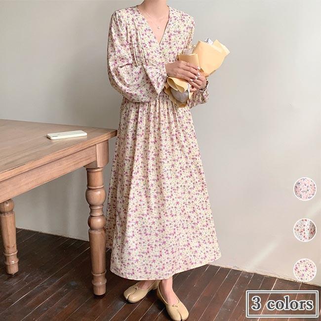 春 夏 ワンピース ロング丈 花柄 シフォンワンピース 春 長袖ワンピース Vネック ロングワンピ マキシ丈 レトロ 花柄シフォンワンピ 秋 ドレス