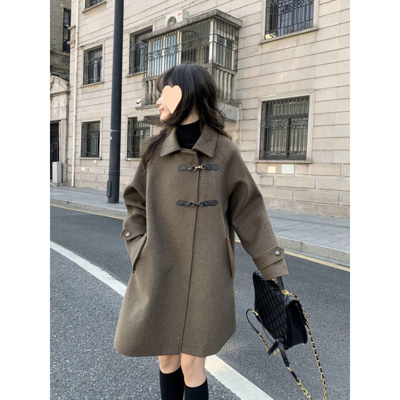 ドールスタイルレザーボタンウールコート女性用2024秋冬新しい