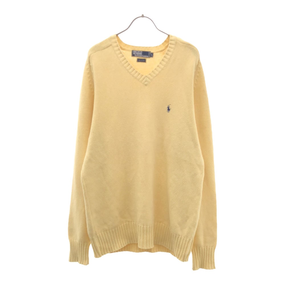 ポロバイラルフローレン 90s オールド ロゴ刺繍 長袖 Vネック コットン ニット L イエロー Polo by Ralph Lauren セーター メンズ