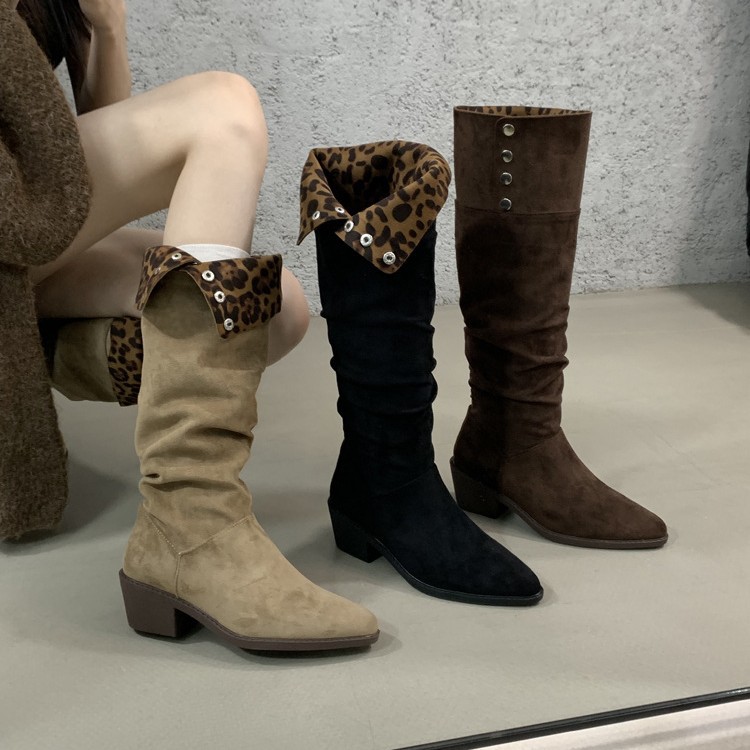 マルチウェア2024秋と冬の新しいメタルバックルヒョウ留め尖ったつま先の厚いかかと西部デニムブーツミッドチューブブーツロングブーツ