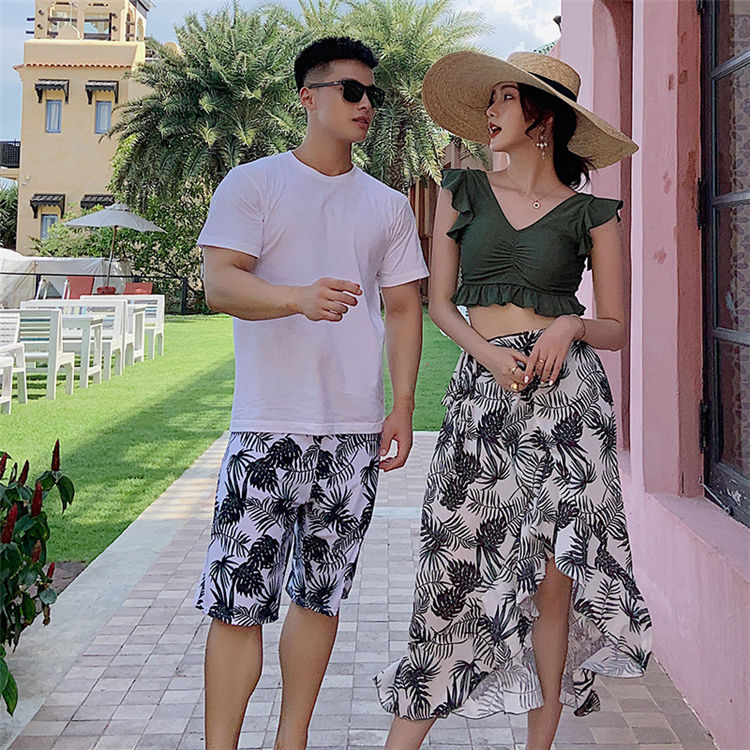 ペアルック 水着 4点セット 女性 体型カバー タンキニ ショーツ付き セパレート ガウチョパンツ ビーチウエア メンズ ハーフパンツ サーフパンツ 水着 男性用 水遊び プール 海 着痩せ 動きやす