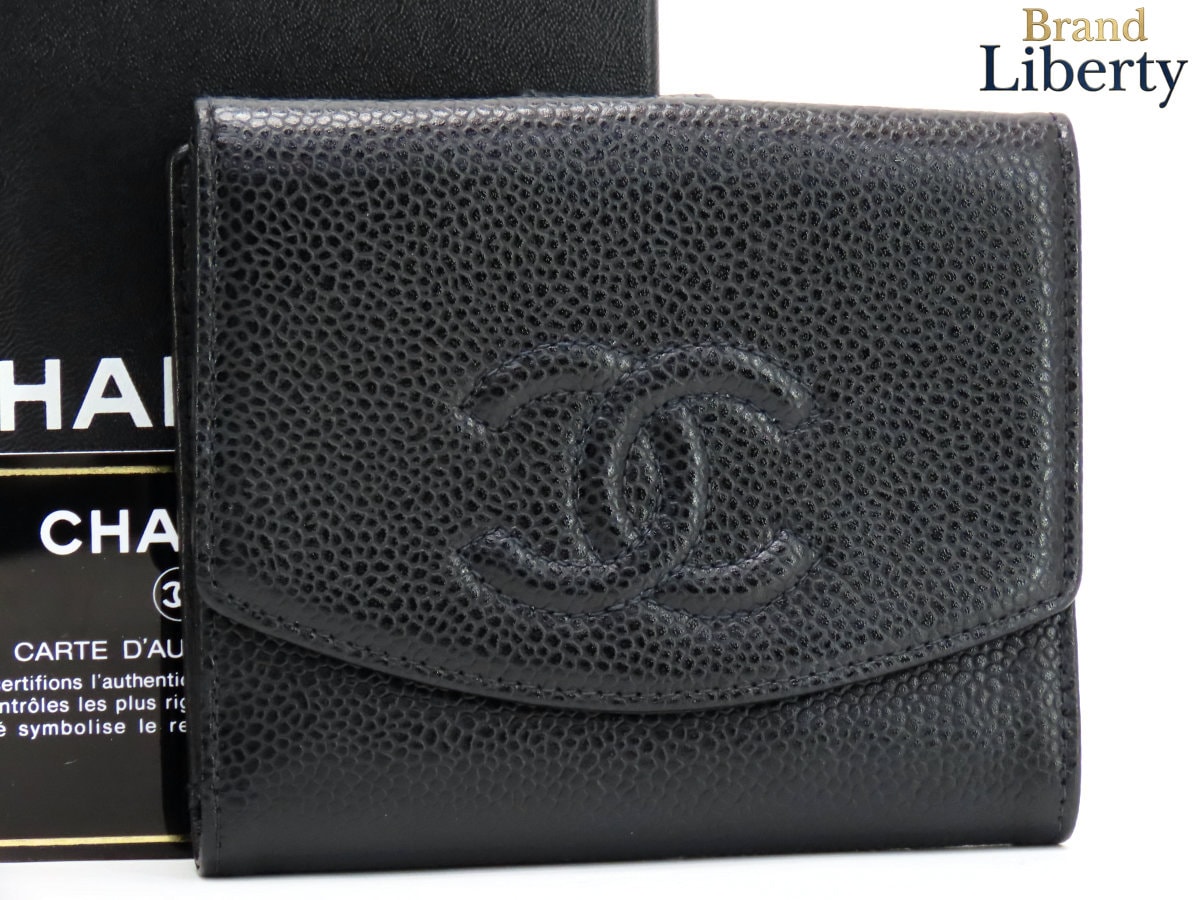 外超美品シャネルCHANELヴィンテージココマークキャビアスキンWホック財布両面財布コンパクト財布ブラックグレインドカーフスキンA13496