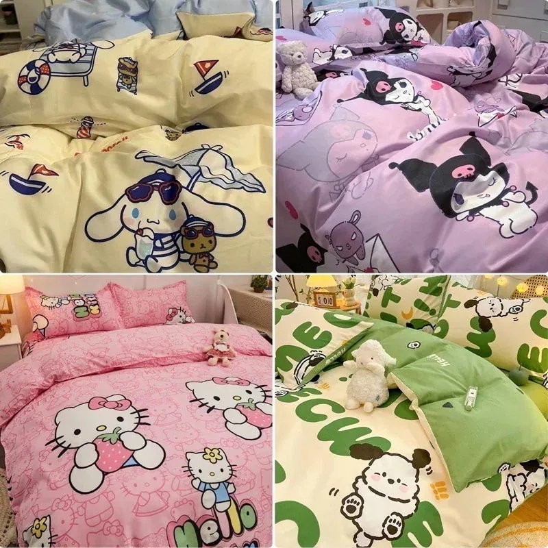 福袋2025可愛い寝具3/4点セット サンリオ クロミ キティ クレヨンしんちゃん ポチャッコ シナモロール ピカチュウ ミッキー ディズニー 掛け布団カバー 枕カバー2点 ベットシーツ 布団セット