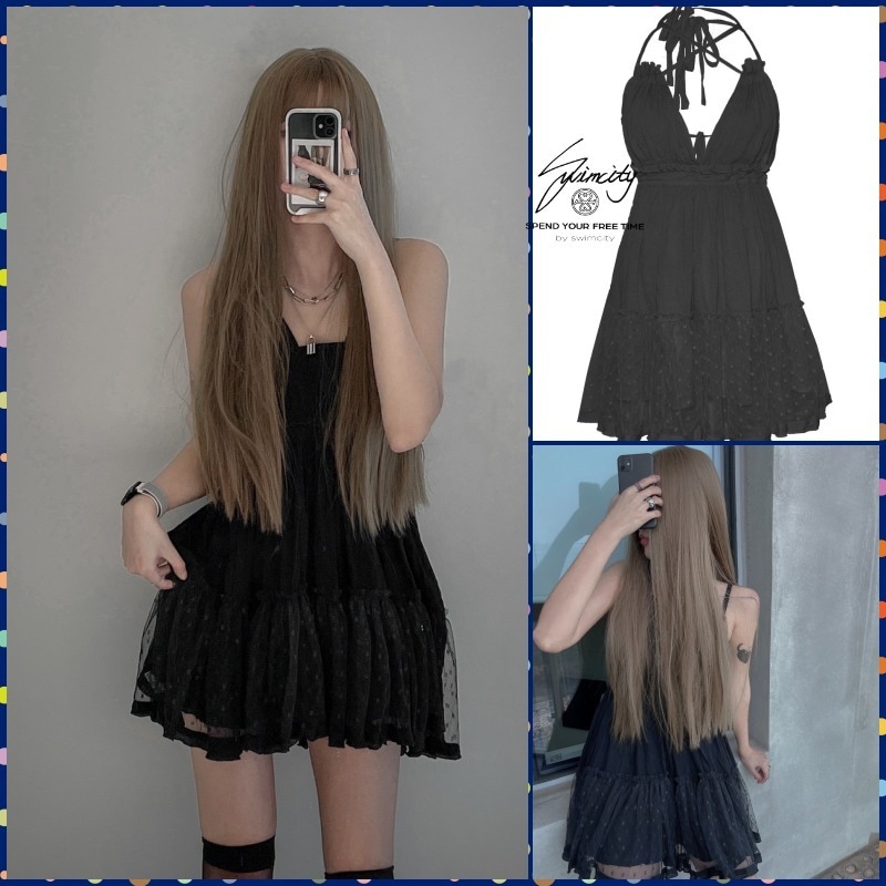 【 Swimcity 】Black string frill one piece