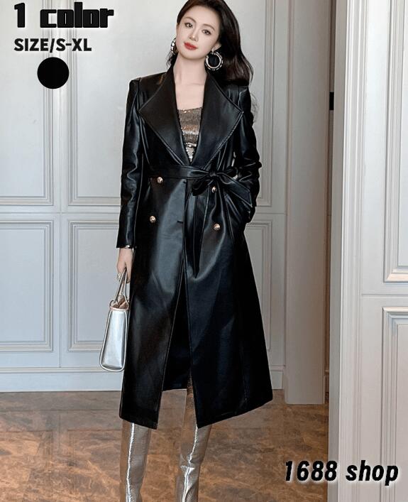 【高品質の製品】レンチコート　レディース 合皮 アウター コート レザー ジャケットコート トレンチコート ライトコート スプリングコート ロングコート トレンチ 長袖 ロング ベルト ボタン 通勤