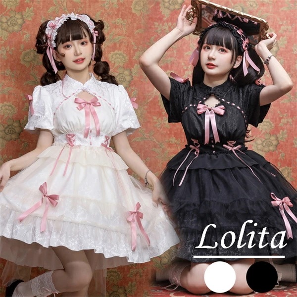 ロリータワンピース ホワイト 白 レディース lolita リボン ロリータ 袖付き 膝丈 小柄 可愛い 着瘦せ 仮装 コスプレ コスチューム 小柄 可愛い 学生 女の子 ゴスロリ 仮装 パーティ