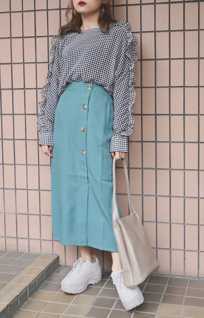 Button Design H-Line Skirt（green） A,D,G レディース ボトムス