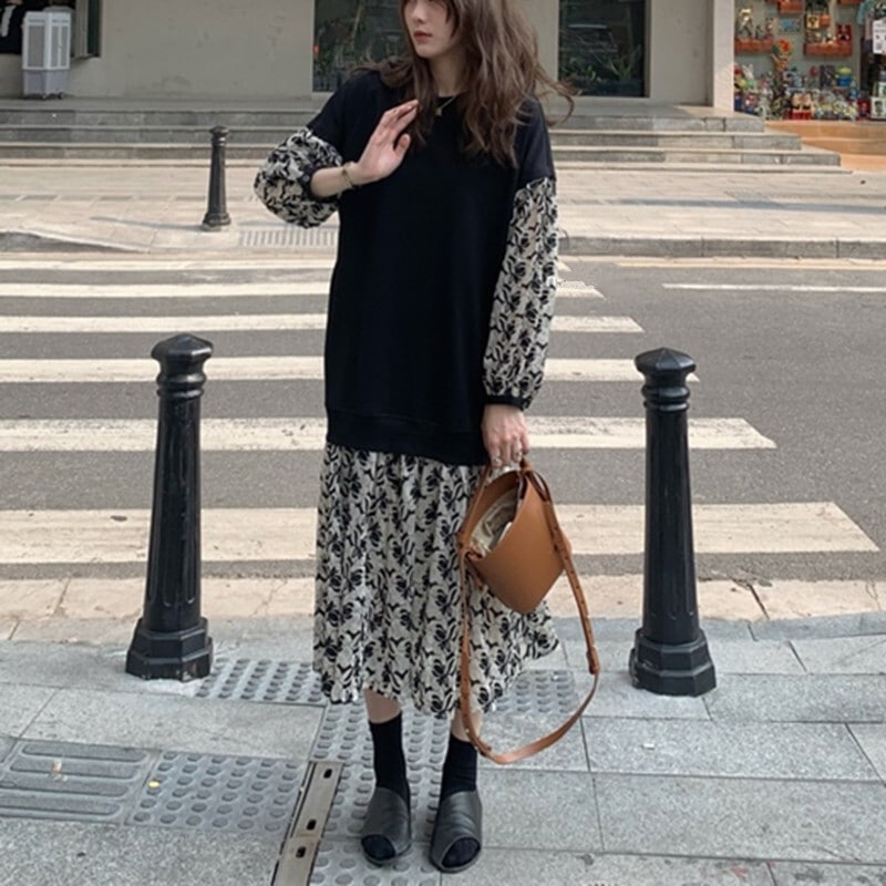 オーガンジー刺繍 ドッキングワンピース レイヤード風ワンピース モノトーン 長袖 ワンピース ドレス レディース カジュアル レディース 可愛い 体型カバー オフィスコーデ. ママコーデ