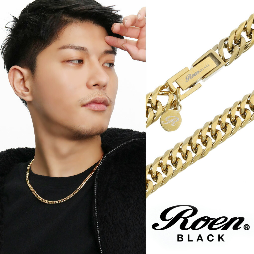 ロエンブラック 6面カットダブル喜平チェーン(ゴールド) ステンレスネックレス 幅5.5mm