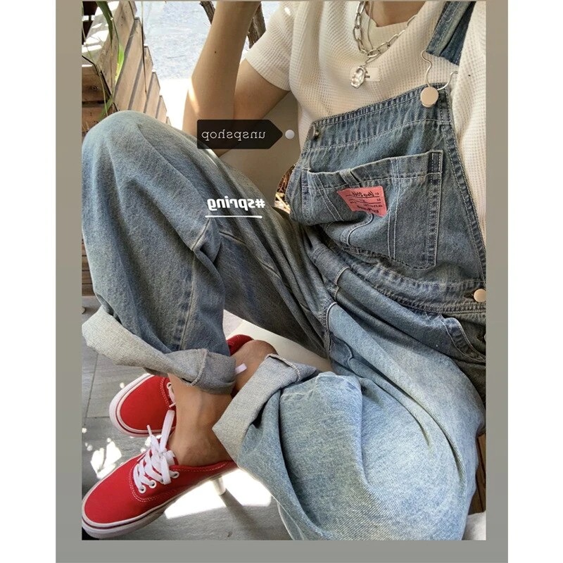 デニムオーバーオール21い薄片年齢を減らすルーズで薄いワイドレッグパンツカジュアルストレートパンツ女