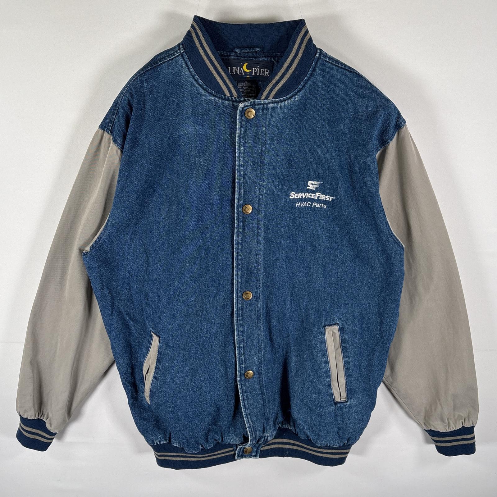 古着 90s/90年代 LUNA PIER デニムスタジャン アワードジャケット 企業ロゴ刺繍 ツートンカラー 大きいサイズ XL ブルー メンズ
