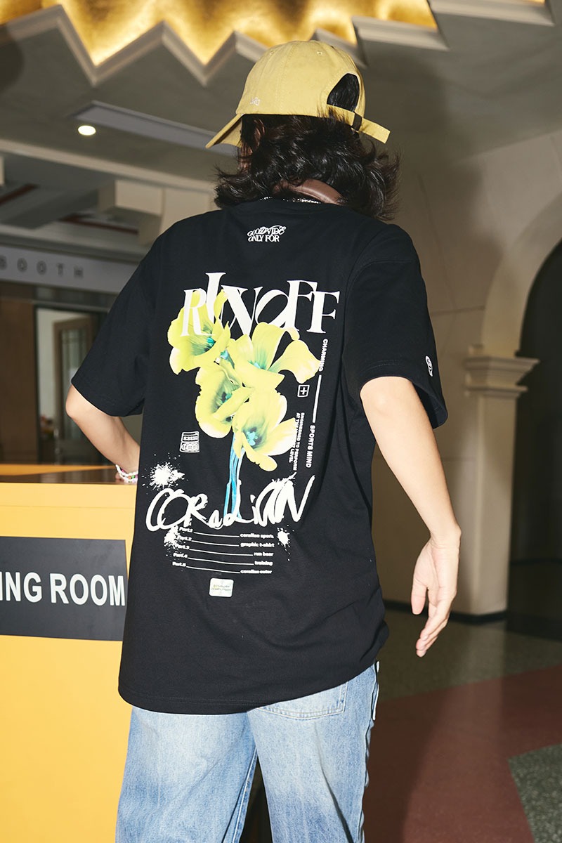 [ランオフ]フラワー グラフィック 綿Tシャツ_ブラック [CRTC1286]