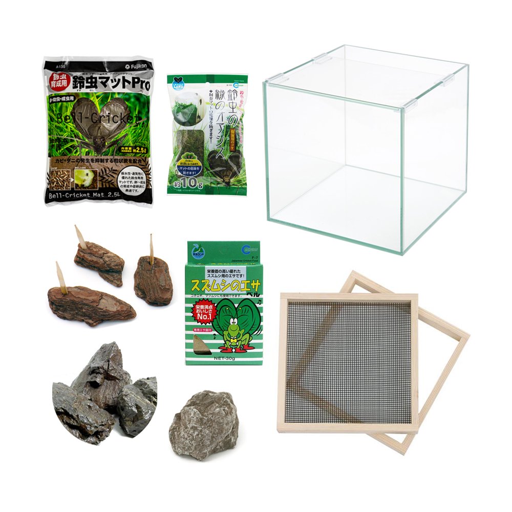 用品のみ　鈴虫飼育　７点セット（風山石２個・水槽・蓋・餌・マット・オアシス）　ＣＲＣ18―35―95―10―00