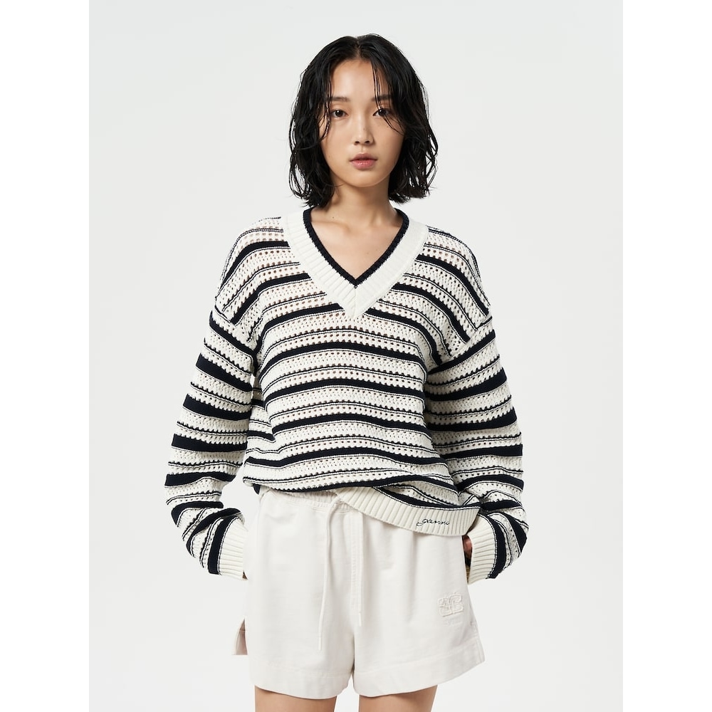 GANNI ストライプコットンポインテル Vネック-マルチカラー FW24/QN4551R045 32,808円