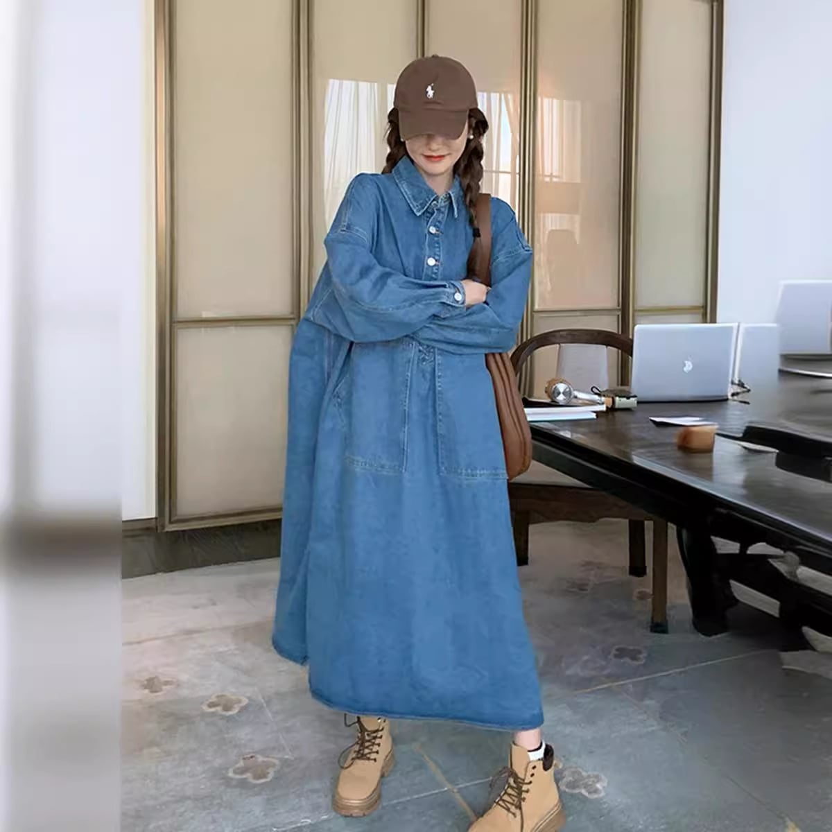 実際の2024デニムワンピース女性春海外風デザインのセンスの緩い怠惰な風のカジュアルロングスカートの韓国語バージョン