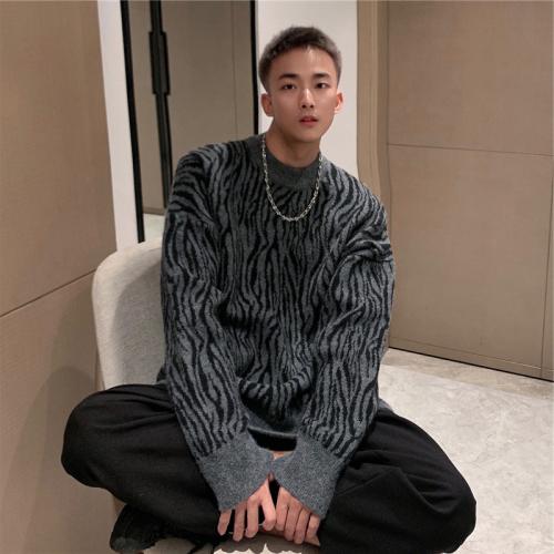 ニット メンズ セーター ゼブラ柄 トップス 韓国 おしゃれ 秋冬 厚手 レトロ ストリート グレー ラウンドネック カジュアル