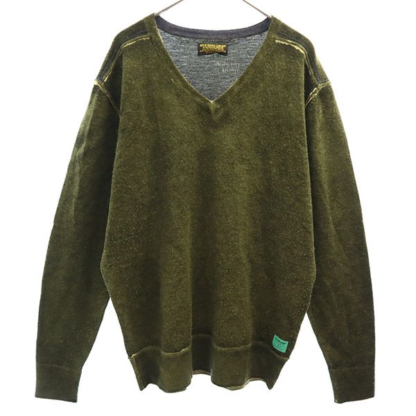 ウール ワンポイントロゴワッペン柄 長袖 Vネック セーター XXL グリーン ニット ビッグサイズ メンズ