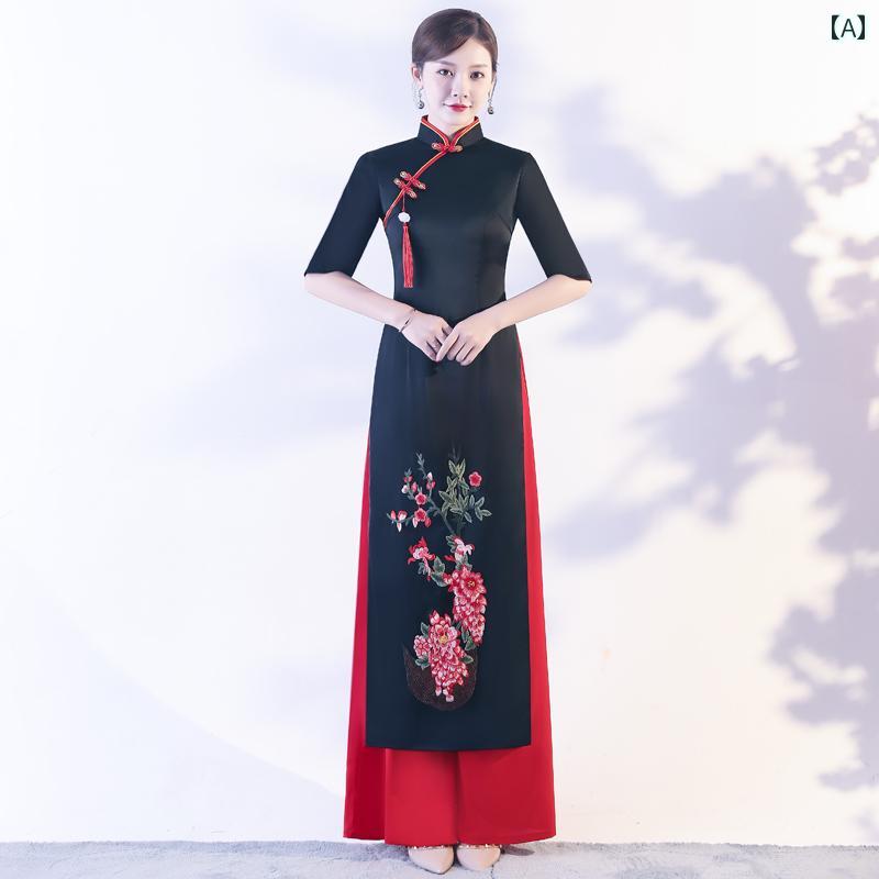 アオザイ チャイナドレス 衣装 レディース おしゃれ ワイド パンツ ロング ブラック レッド ホワイト 上下 セット 袖付き