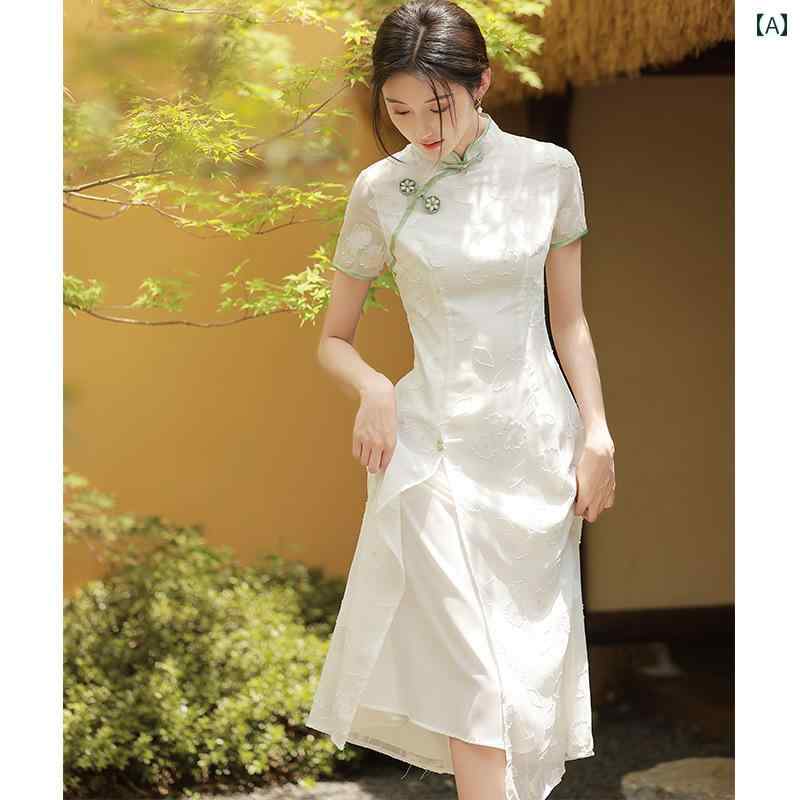 アオザイ チャイナドレス レディース 夏 日常 普段着 お茶 アーティスト ホワイト ゴールド