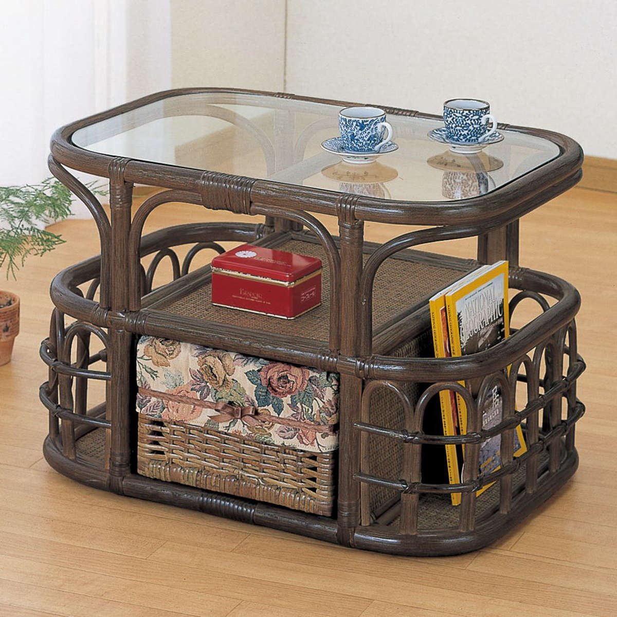 籐 収納付 ローテーブル ガラス天板 幅65cm センターテーブル アジアン 籐家具 ラタン製 テーブル カフェテーブル 籐製 収納 和モダン 軽量 引出し