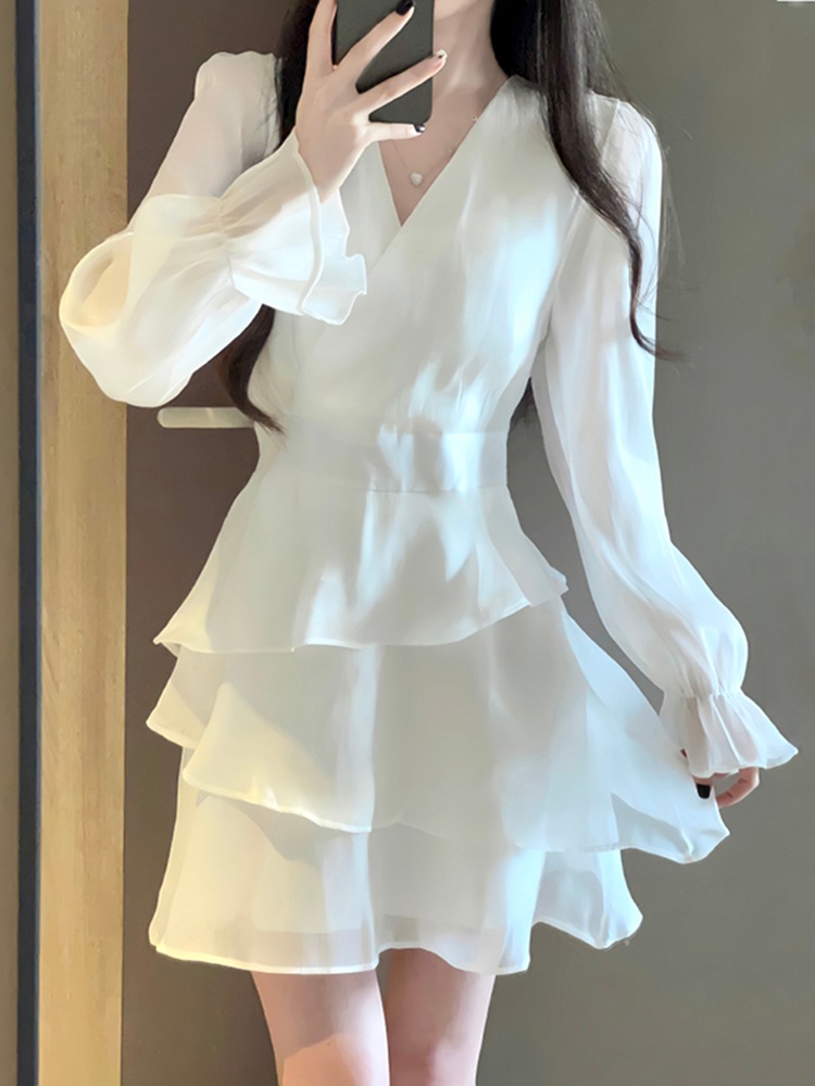 ティーブレーク ネックドレス女性用秋ホワイト長袖フォレストプリンセスパフスカートリトルバースデードレス V