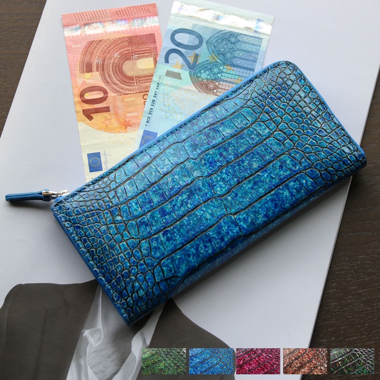 クロコダイル 長財布 レディース L字ファスナー 財布 本革 鰐革 ワニ革 手染め加工 フランスクロコダイル 手染め お洒落 オシャレ 婦人財布 高級感 艶 美しい 母 女性 母の日 ギフト プレゼン