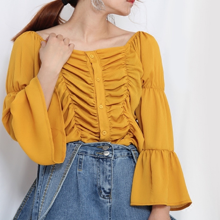 ギャザーブラウス シャーリング 袖コン ガーリー デート 0363t