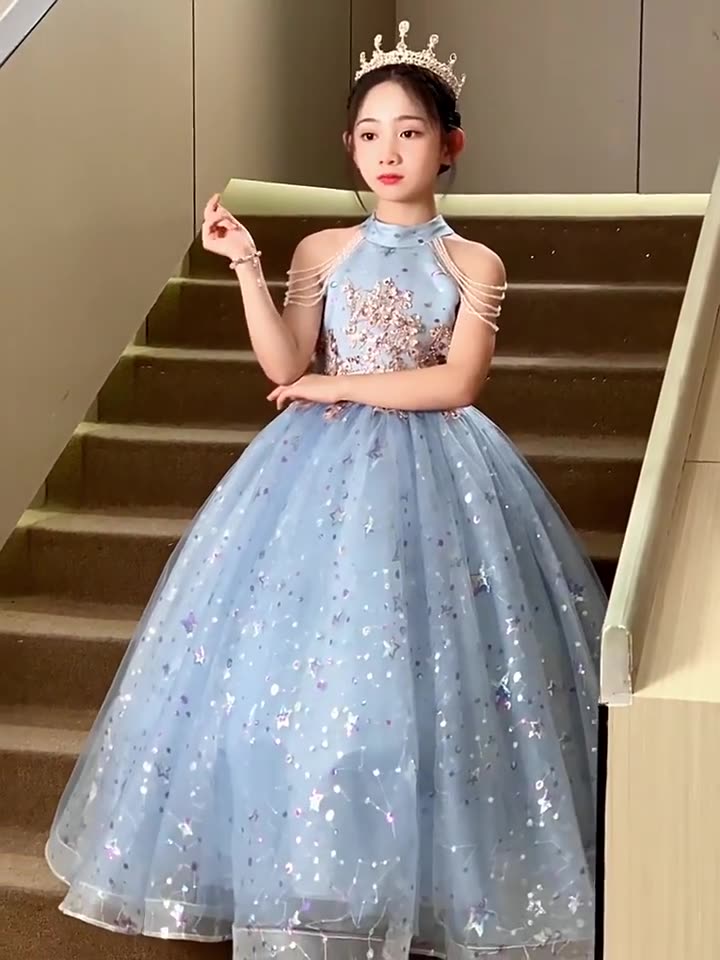 女児用 フォーマルドレス ブルー 夏 2025新作 女の子 プリンセスドレス キッズ 司会 ピアノ発表会 礼装 夏用 誕生日プレゼント子供