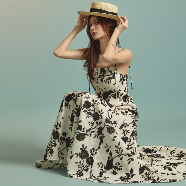 D5340 リネン フラワー ワンピース