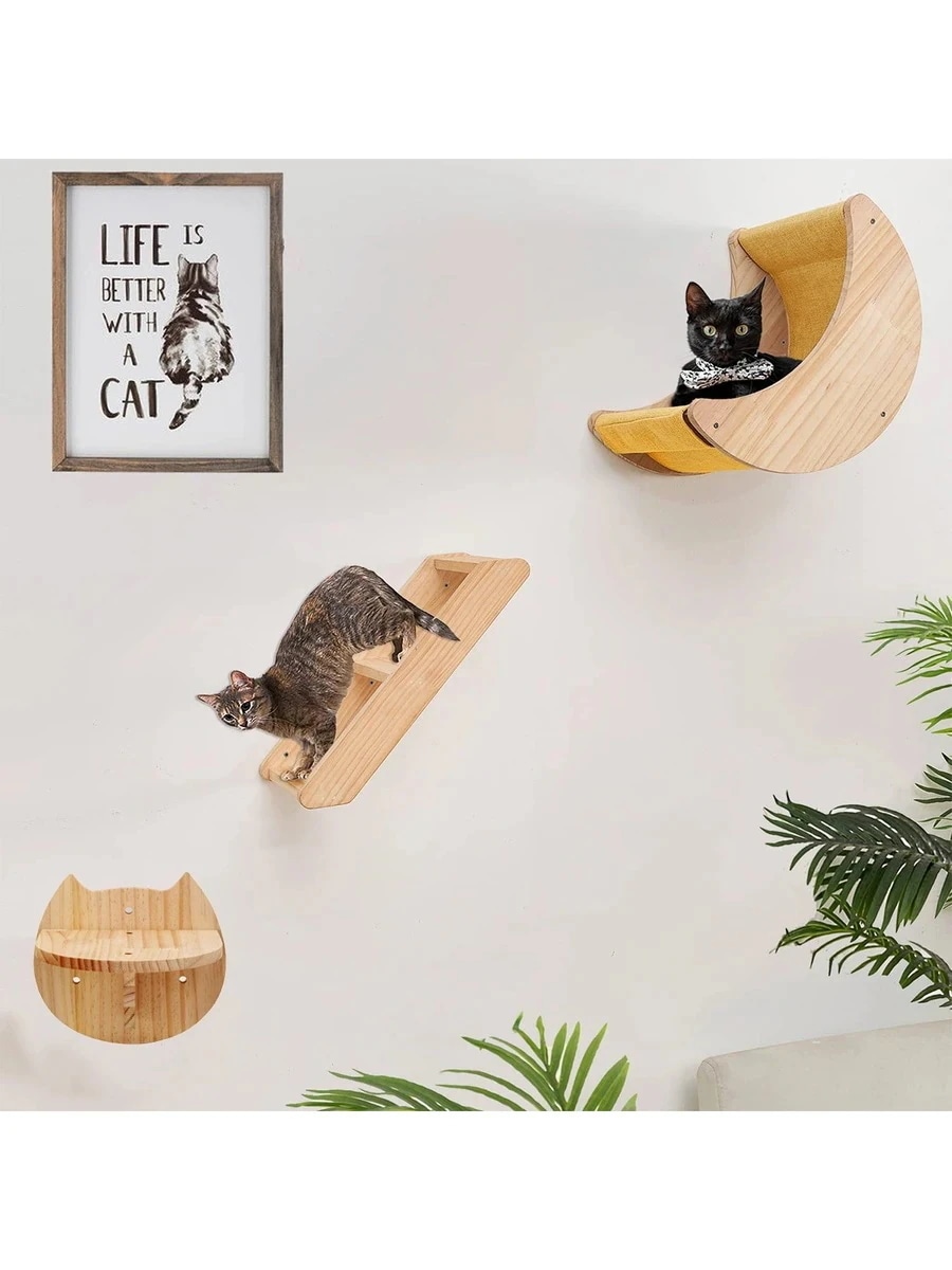 壁取り付け式猫用家具セット(月型猫ハンモック+木製登り台+猫プラットフォーム)堅牢な松材製睡眠遊び登り休憩に最適最大耐荷重12kg