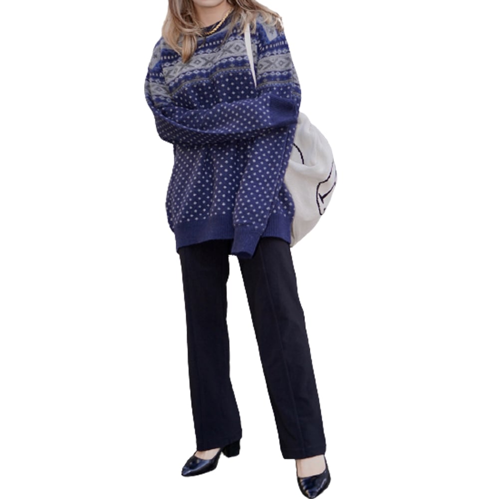 Nordic Oversized Knit Sweater (navy) A,D,G レディース トップス