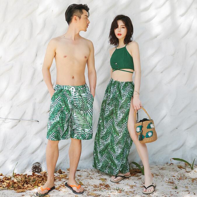 【送料無料】ペア水着 男女セット 水着 メンズ水着 レディース水着 カップル ビキニ タンキニ お揃い ビーチ水着 ビーチパンツ 4点セット 葉柄 セパレート セットアップ ママ水着 体型カバー ペア