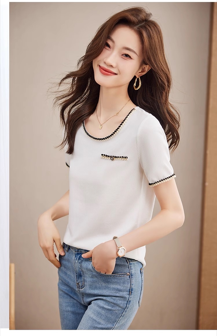 カラー リボン ラウンドネック 半袖 Tシャツ 女性 夏 プルオーバー 女性 トップス Tシャツ シャツ 白シャツ 白トップス 袖あり 半袖 ラウンドネック 襟なし シンプル カジュアル 大人 上品