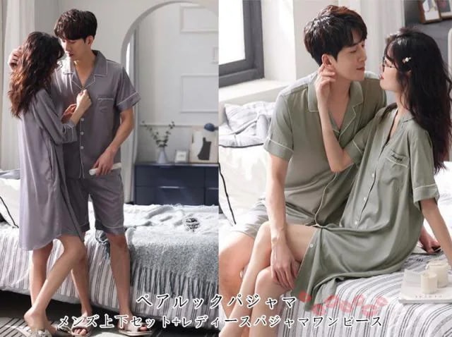 「ペア販売」2colors シルク ペアルックパジャマ 上下セット カップルペアルック パジャマワンピース春秋夏ルームウェア 半袖 ペアルックパジャマお揃い ファッション 涼しい