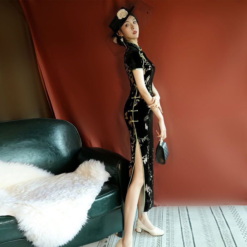 チャイナドレスロングレトロオールド上海サマーベルベット2025改良版エレガント婦人服