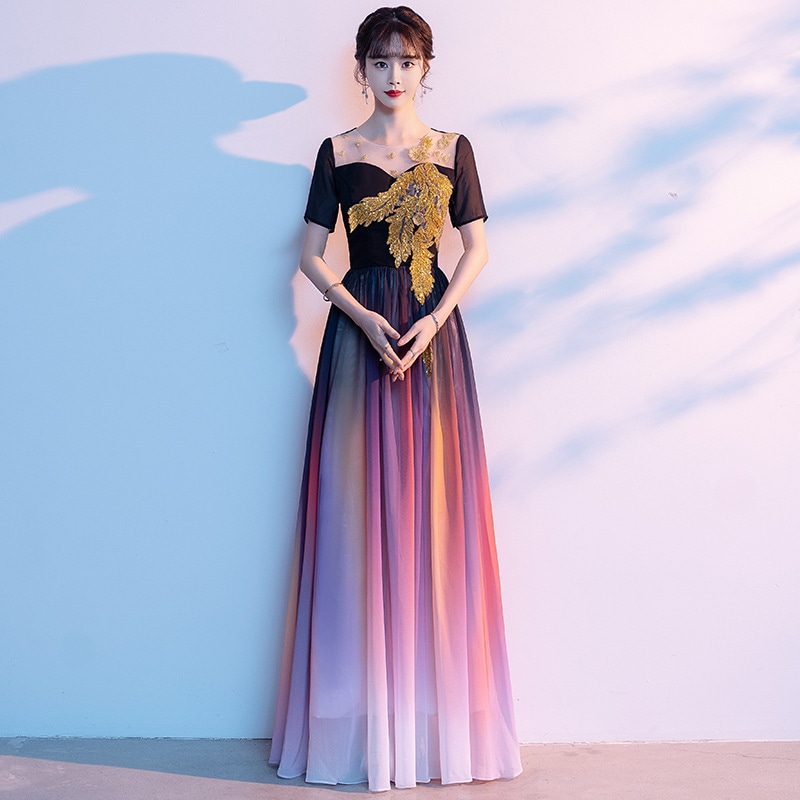 グラデーション団演出服ロングスカート気質ロングコーラスチーム紅歌コンクール司会者指揮ドレス