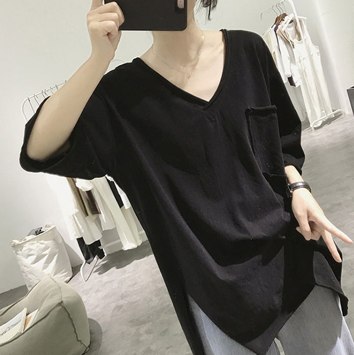 ルーズ半袖シャツ ゆったりVネック モノトーンカラーシャツ 切りっぱなしデザインシャツ トップス Tシャツ シャツ プルオーバー 白シャツ 白トップス ビッグT 袖あり 半袖 5分袖 五分袖 Vネック