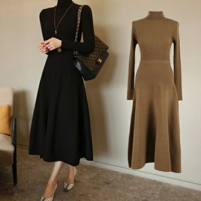 2021年 秋冬 2color ハイネック ニット ミディ丈 ワンピース