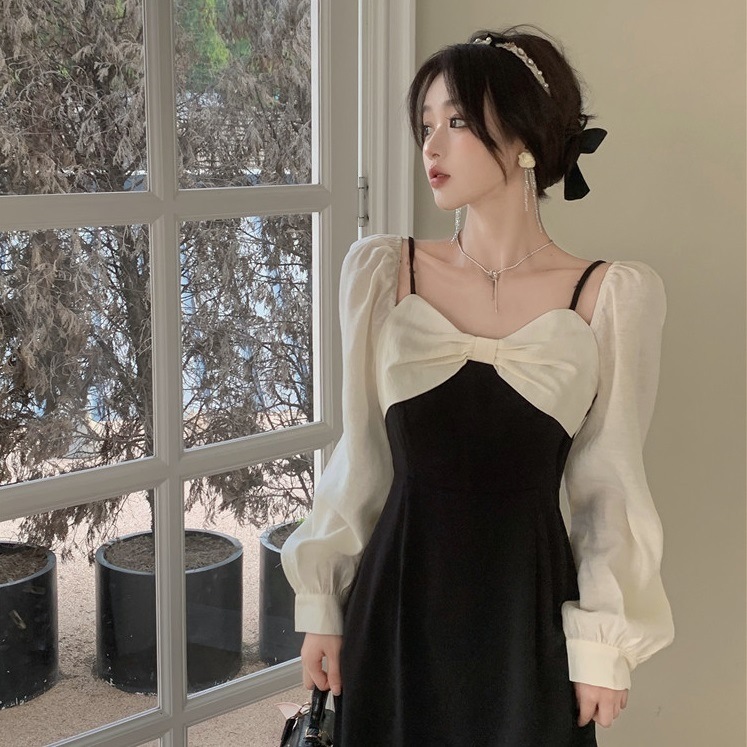 【送料無料】レディース リボン ワンピース ドレス バイカラー 肩見せ Aライン パフスリーブ フォーマル お呼ばれ パーティー 大きいサイズ 大人可愛い ママコーデ ママファッション 韓国系