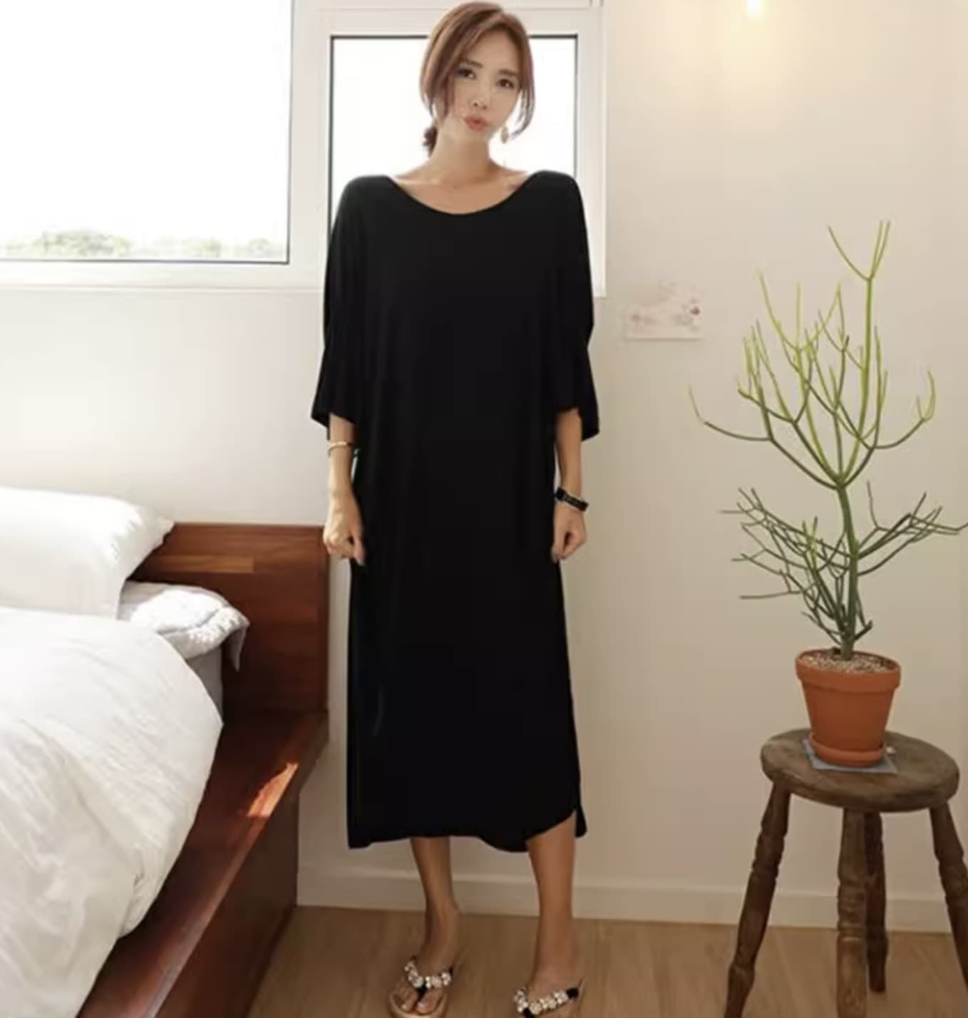 ワンピース ロングスカート ミモレ ミモレ丈 ロング ロング丈 袖あり 5分袖 五分袖 7分袖 七分袖 ラウンドネック ワイド Aライン プルオーバー 綿 可愛い かわいい きれいめ シンプル