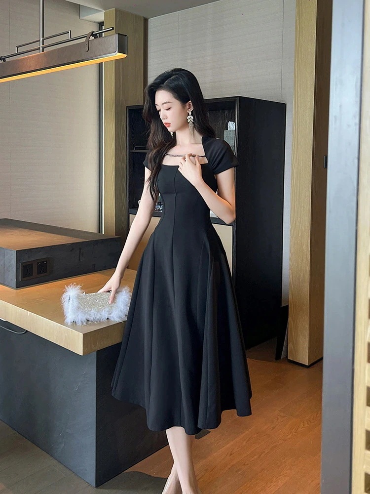 【JY.上品】 夏 Aライン ロングワンピース スクエア襟 ドレス パーティー 着痩せ 大人 お呼ばれ 同窓会 披露宴 卒業式 結婚式 ウェディング 二次会 成人式