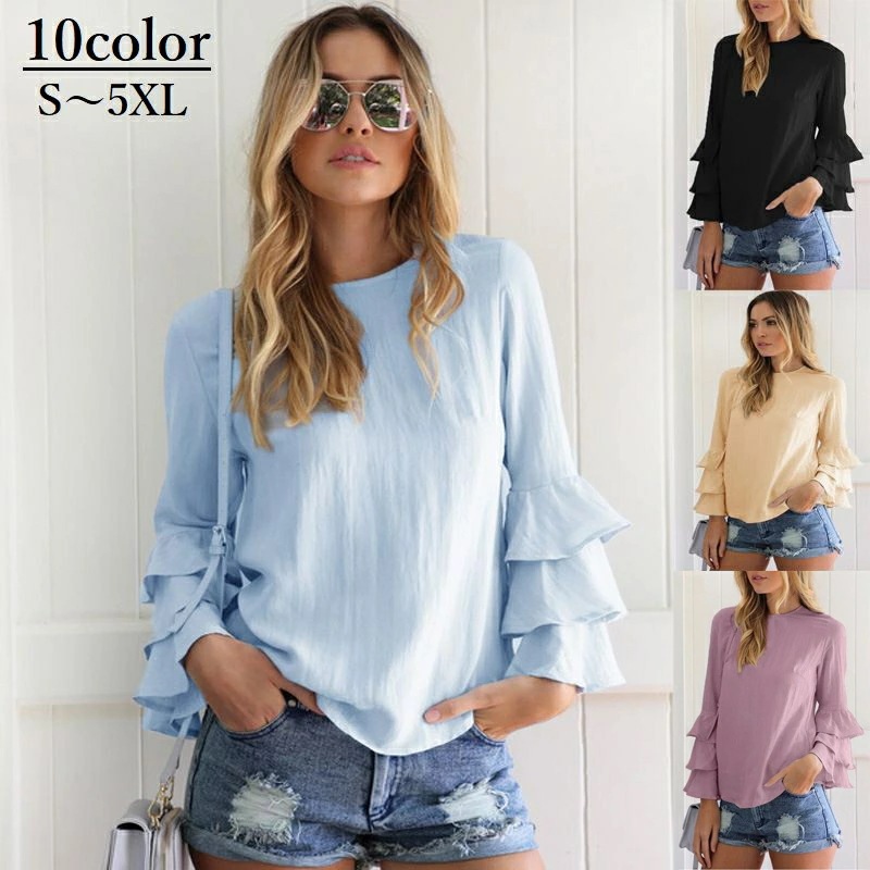 ブラウス レディース 大きいサイズ有 長袖 フレア袖 フリル袖 3段フリル トップス クルーネック 無地 カジュアル S M L XL 2XL 3XL 4XL 5XL