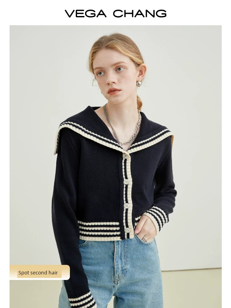 VEGA CHNAG ネイビーカラーセーター女性のための春と秋 2025 新しいレトロショートデザインニットトップ