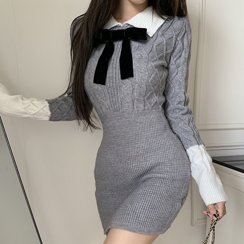 女性用ニットドレスアーリーカレッジスタイルスカート長袖セータースカートヒップスカートショートスカート 4,931円