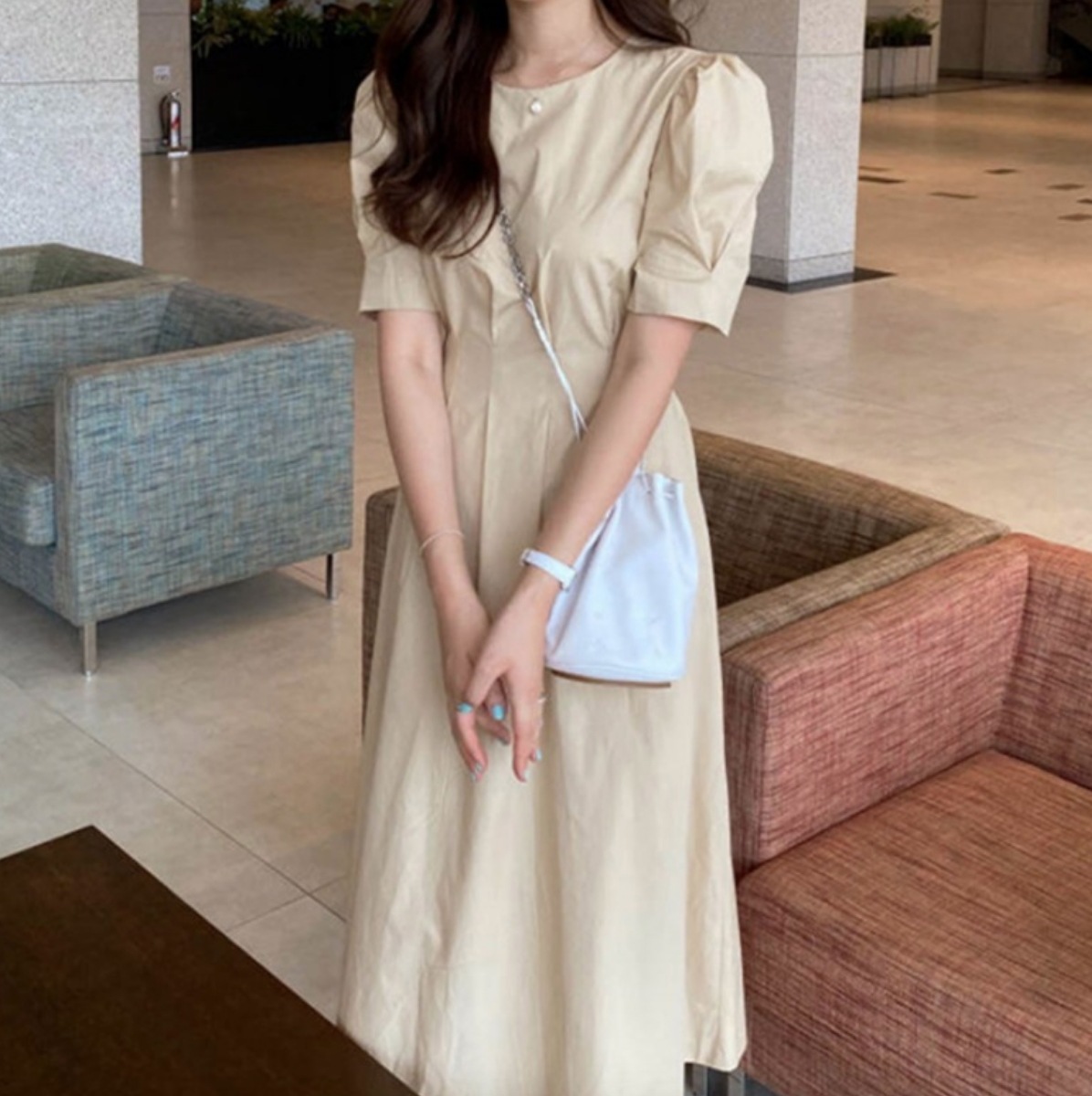 ワンピース 袖あり かわいい 大人可愛い きれいめ シンプル カジュアル 大人 上品 おしゃれ ラウンドネック ロング丈 半袖 パフスリーブ ウエストマーク Aライン フレア 無地 春夏 リボン 韓国