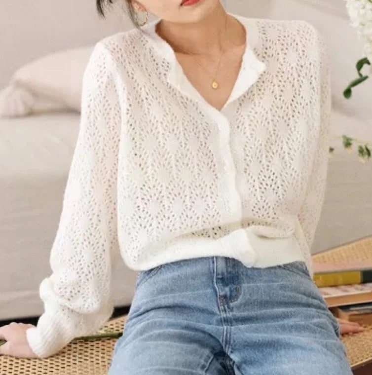 トップス デート ブラウス カットソー かわいい 大人可愛い きれいめ シンプル カジュアル 大人 ニット ラウンドネック 前開き カーディガン 羽織 休日 旅行 春 秋 ホワパープル XL 韓国