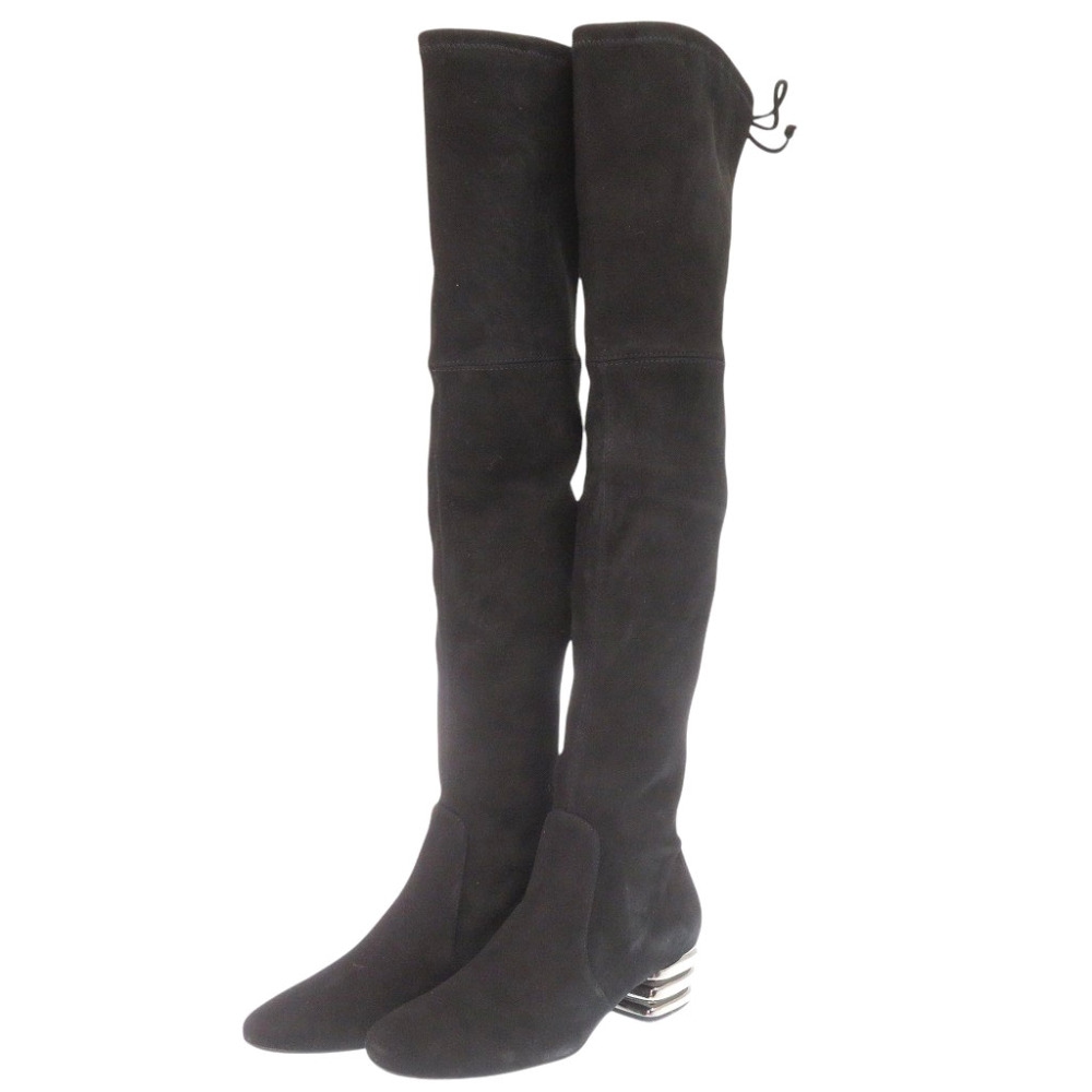 新品同様 スチュアートワイツマン スエードニーハイストレッチブーツ ブーツ レザー ブラック 0624【中古】STUART WEITZMAN レディース
