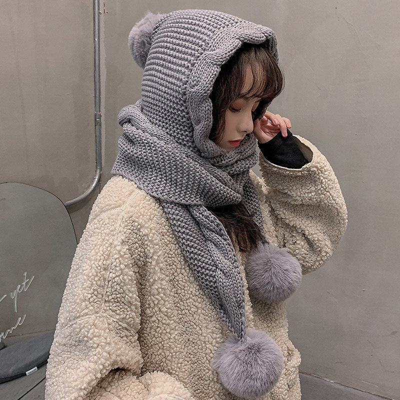 fuguihuaマフラー付きニット帽 Qoo10] 毛糸帽子冬女性高颜値マフラー一体洋気高級 : バッグ・雑貨
