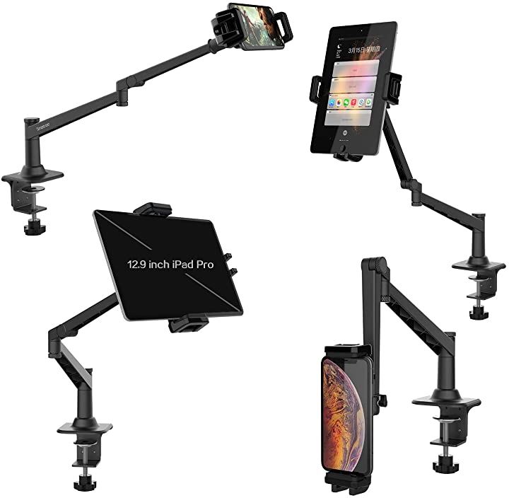 タブレットスタンド 安定性が高い タブレットやスマホ兼用 アームスタンド 調整可能 360自由回転(ブラック)